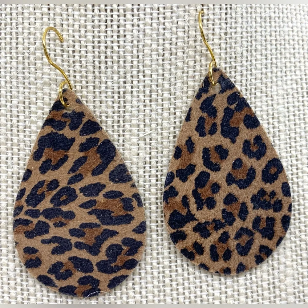 Brown Animal Print FauxFur Leather Dangle Earrings Boho Eclectic Y2K Festival - Picture 9 of 10